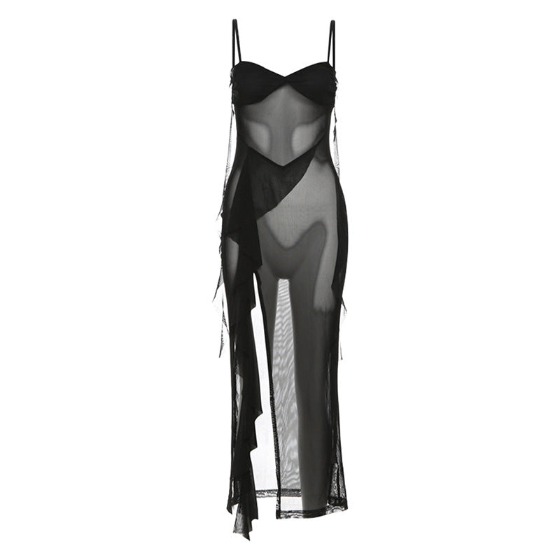 Spring Summer Women Clothing Sexy Girls Mesh See through Split Irregular Asymmetric Spaghetti Strap Dress Bella Mia