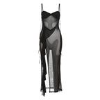 Spring Summer Women Clothing Sexy Girls Mesh See through Split Irregular Asymmetric Spaghetti Strap Dress Bella Mia