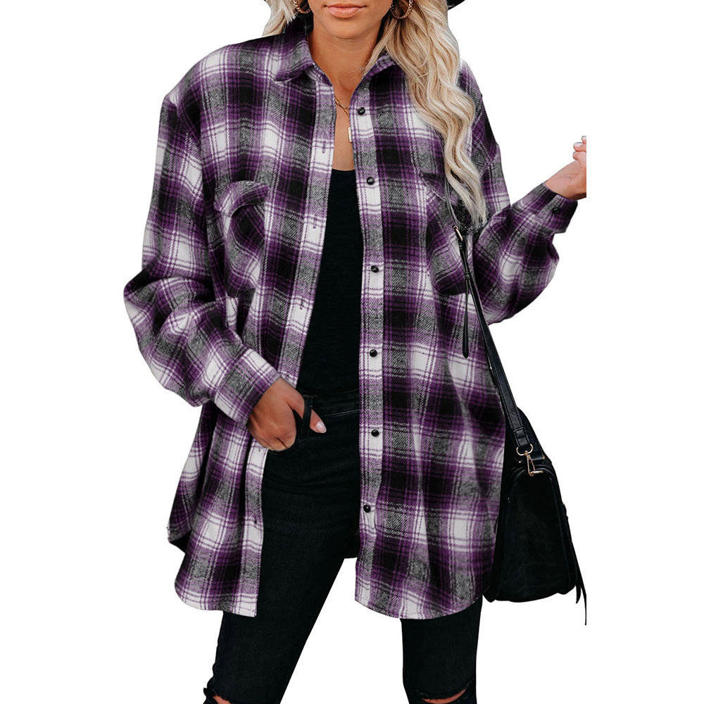 Women Clothing Autumn Winter Plaid Shirt Mid-Length Loose Lapels Cardigan Shirt Bella Mia