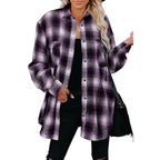 Women Clothing Autumn Winter Plaid Shirt Mid-Length Loose Lapels Cardigan Shirt Bella Mia
