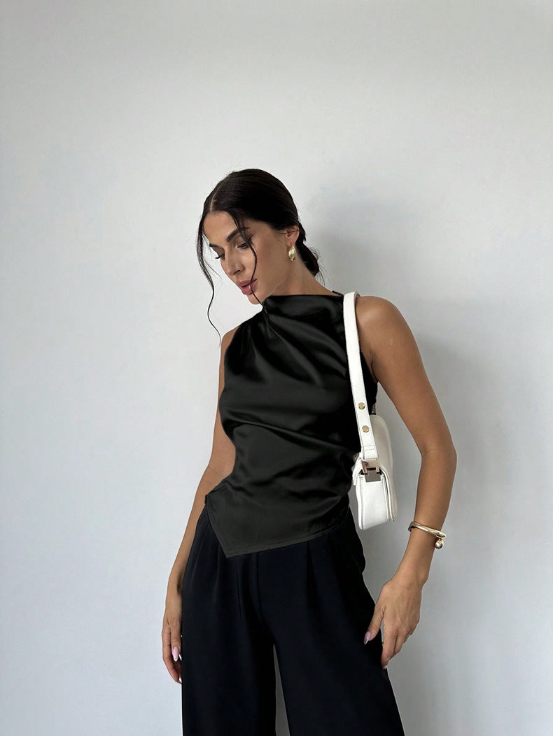Summer Women Clothing Summer Satin Shirt Women Simple Sleeveless Satin Artificial Silk Shirt Top Bella Mia