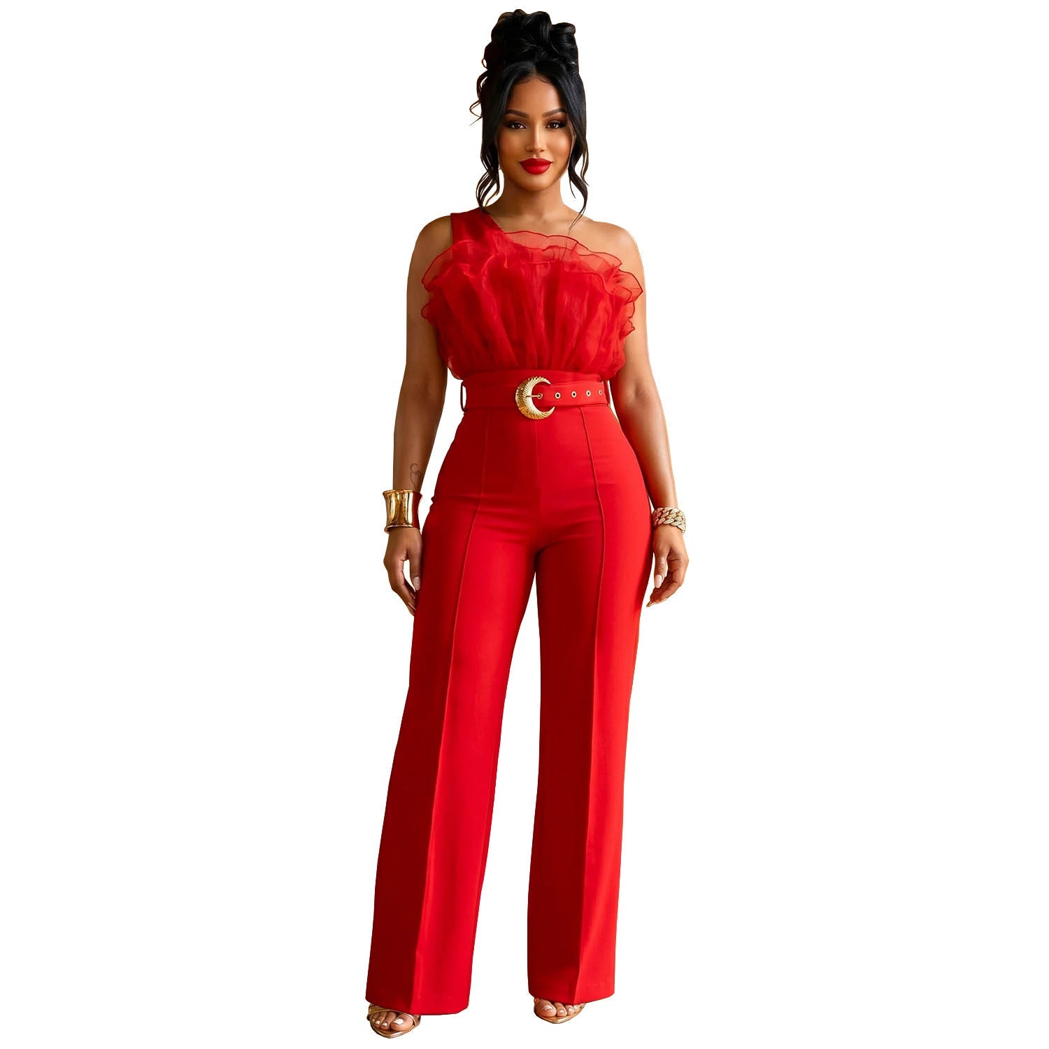 Light Luxury Mesh Shoulder High Waist Wide Leg Pants Crescent Buckle Cocktail Jumpsuit