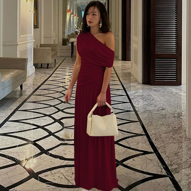 Women Clothing Spring Arrival Fashionable Sexy Diagonal Collar Pleated Asymmetrical Solid Color Dress