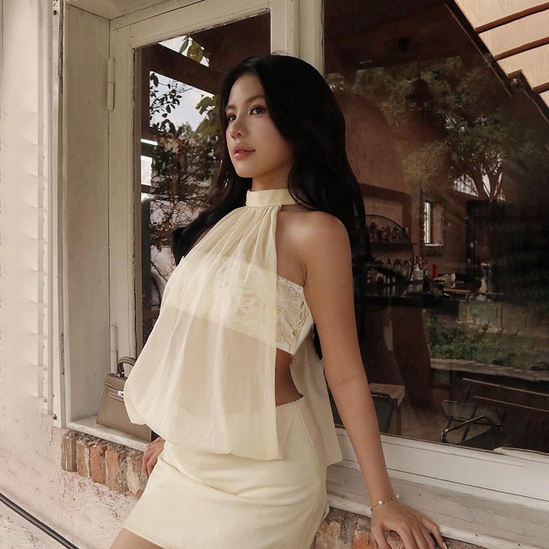 Sexy Mesh See through Stitching Spring Sleeveless Halter Hip Dress Bella Mia