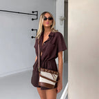 Shirt Collar Solid Color Waist Tight Short Sleeve Romper for Women Casual Bella Mia