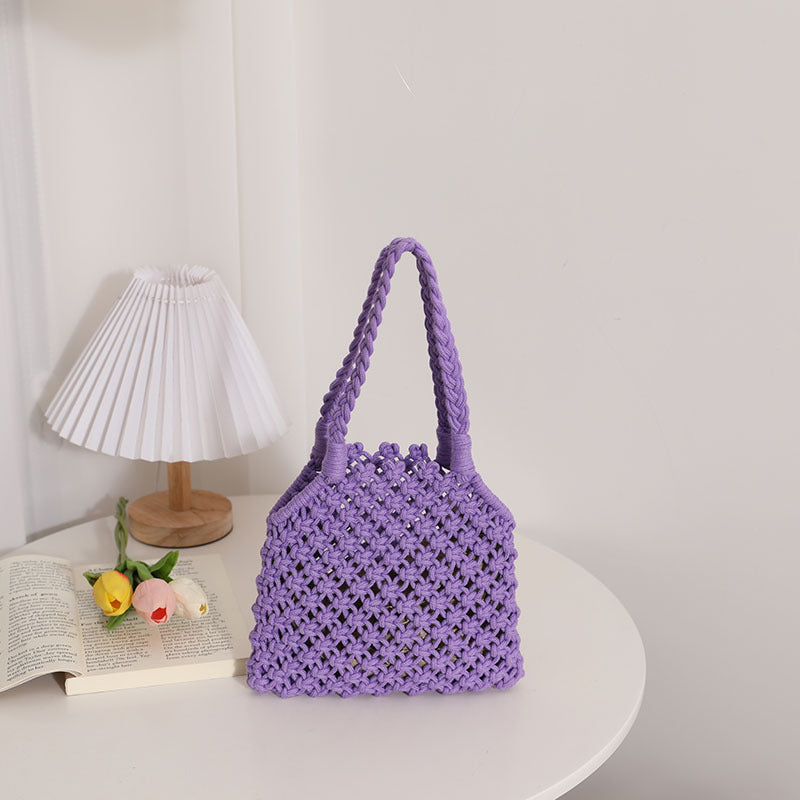 Hollow Out Cutout Cotton Thread Woven Bag Summer Cotton String Women Bag Portable Solid Color Straw Bag Vacation Beach Bag
