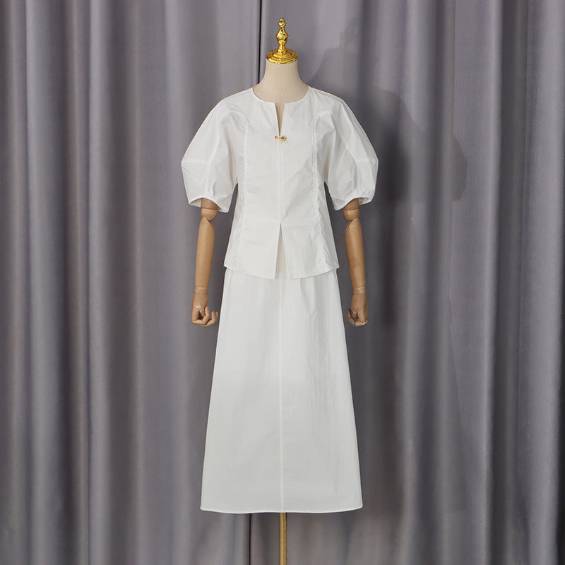 Office Two Piece Sets V neck Heart Shaped Buckle Waist Controlled Top Solid Color Mid Length Skirt Two Piece Sets