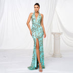 Women Clothing High End V neck Halter Slim Fit Sheath Sequined Cocktail Split Evening Dress Bella Mia