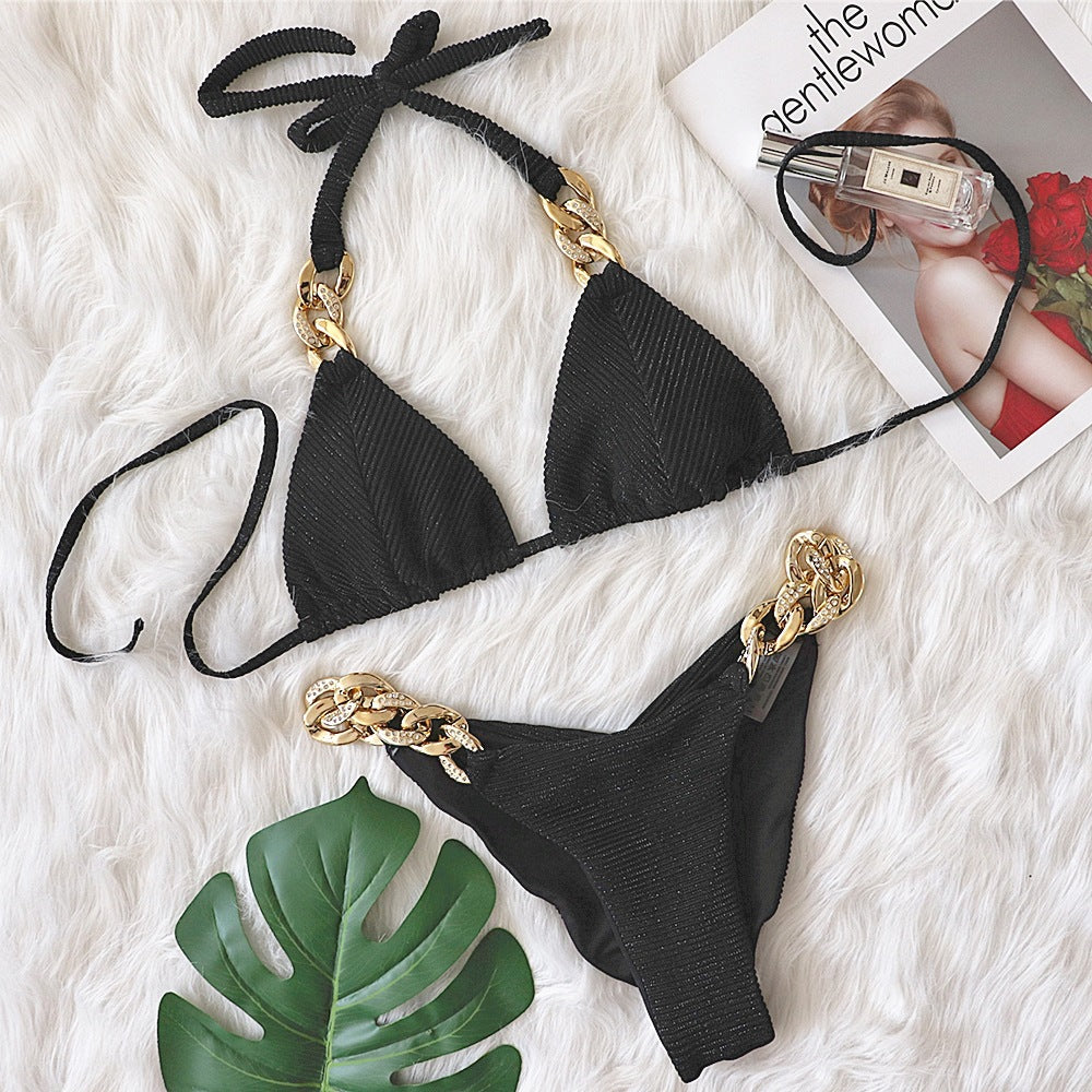 Bikini Golden Diamond Chain Split Swimsuit Sexy Special Fabric Women Swimwear textured Bella Mia