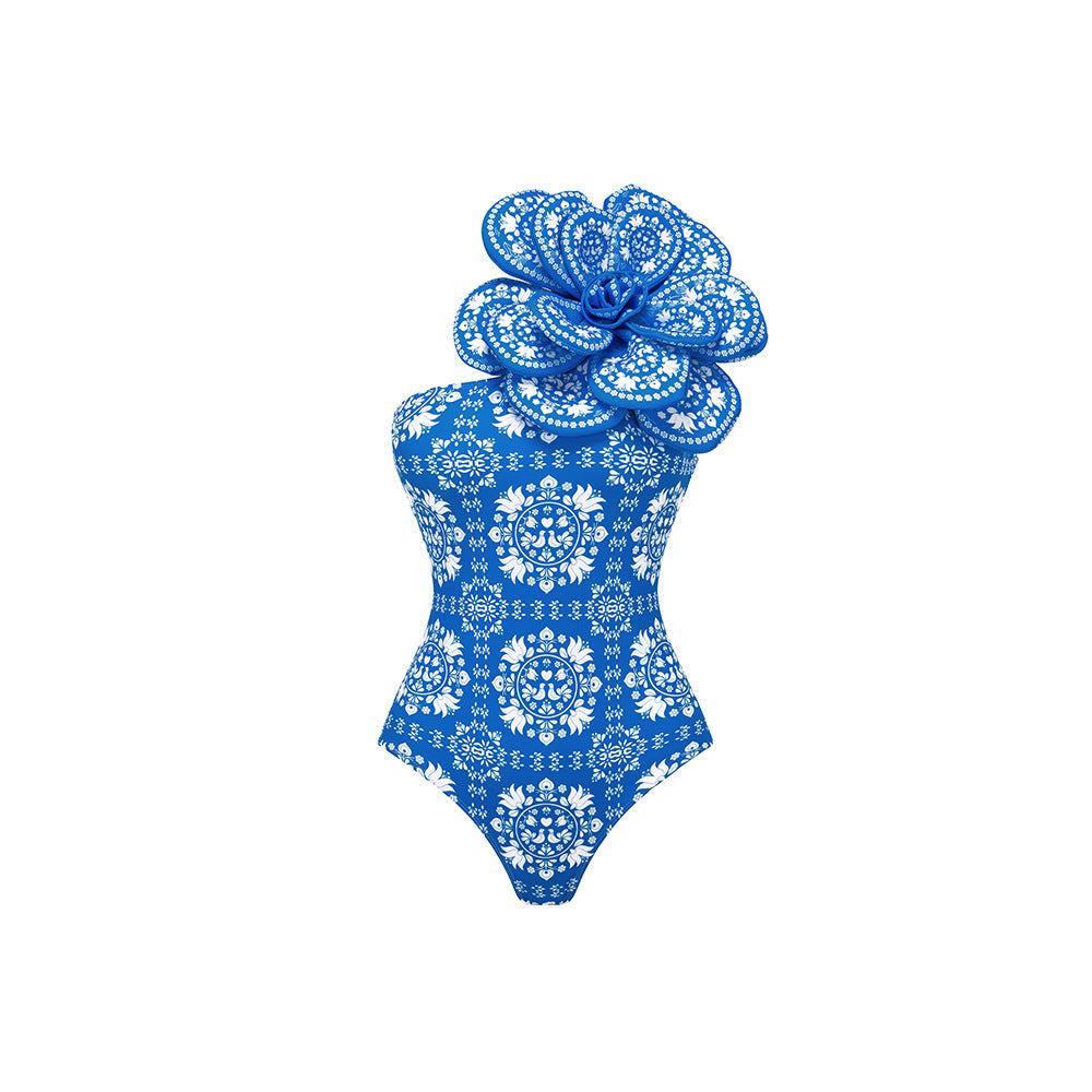 Blue Printing Handmade High Quality Big Floral One Piece Swimsuit Women Bella Mia