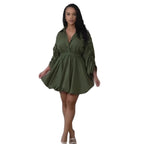 Sexy Casual Office Drawstring Sleeve Fitted Waist Bubble Shirt Collar Long Sleeve Dress Bella Mia