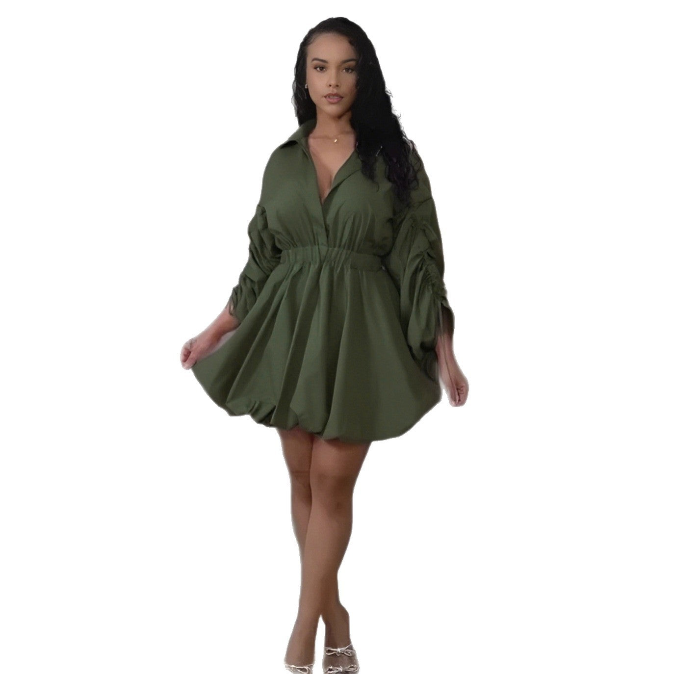 Sexy Casual Office Drawstring Sleeve Fitted Waist Bubble Shirt Collar Long Sleeve Dress Bella Mia