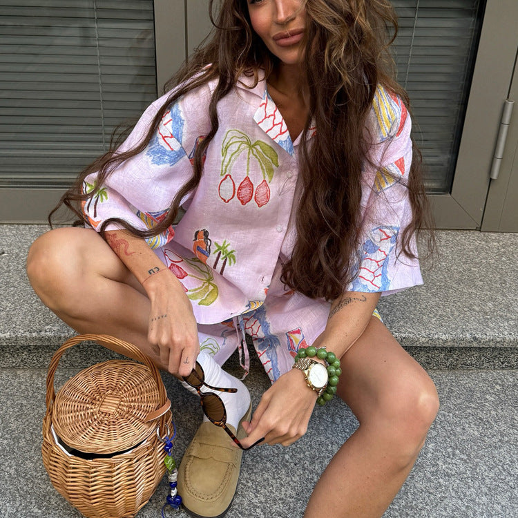 Summer Women Digital Printing Casual Shirt Outfit Collared Short Sleeve Cardigan Top Shorts Two Piece Set Bella Mia