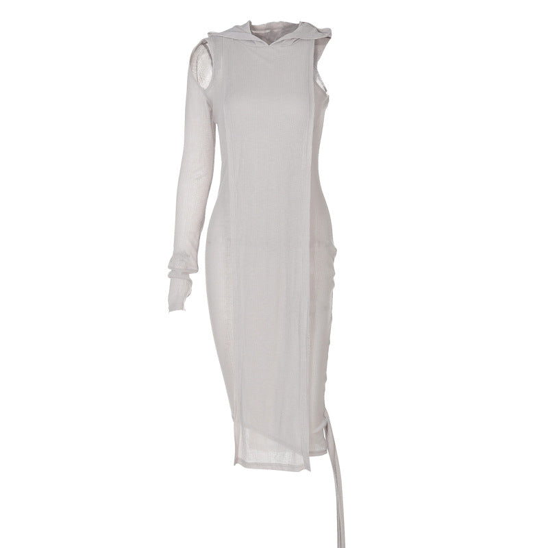 Women Clothing Autumn Fashionable See-through Irregular Asymmetric Shoulder Long Sleeve Hooded Dress Bella Mia