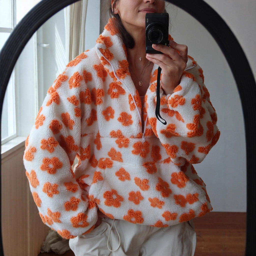 Women Polar Fleece Floral Autumn Winter Sweater Warm Furry Fleece Pullover Bella Mia