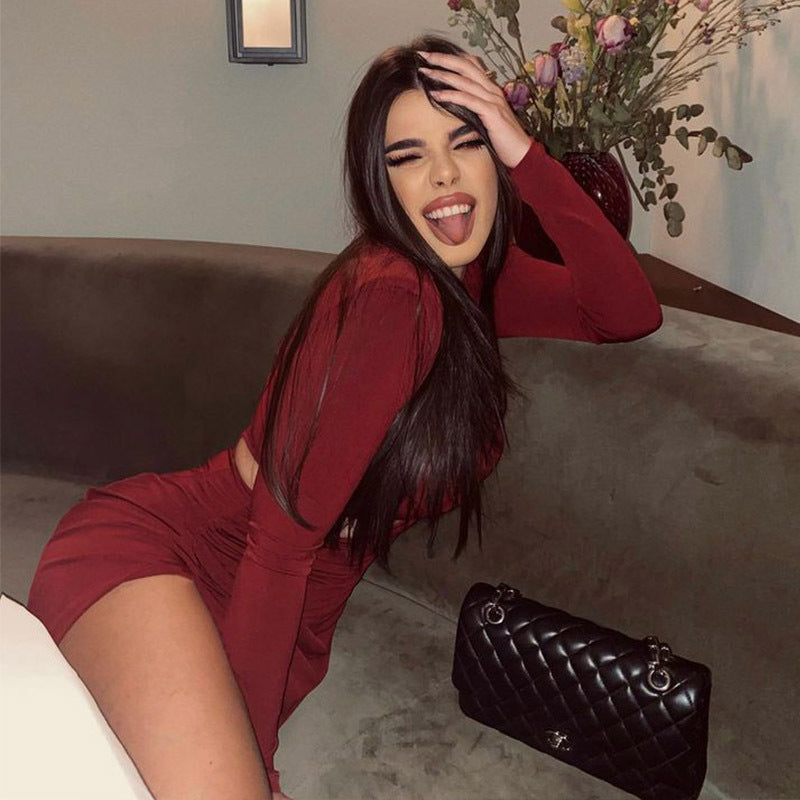 Elegant Women round Neck Long Sleeve Hollow Out Cutout out Split Red Retro Slim Fit Sexy Dress Bella Mia