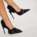 Rhinestone Bow High Heel Sandals Stiletto Heel Pointed Heels Women Black Pink Satin Surface 11cm Bella Mia