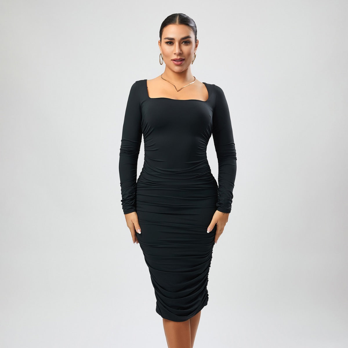 Sexy Stretch Solid Color Square Collar Ruffle Hip Slim Fit Mid Length Dress Bella Mia
