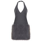 Sexy Halter V neck Furry Dress Tight Sexy Waist Plush Hip Dress Bella Mia