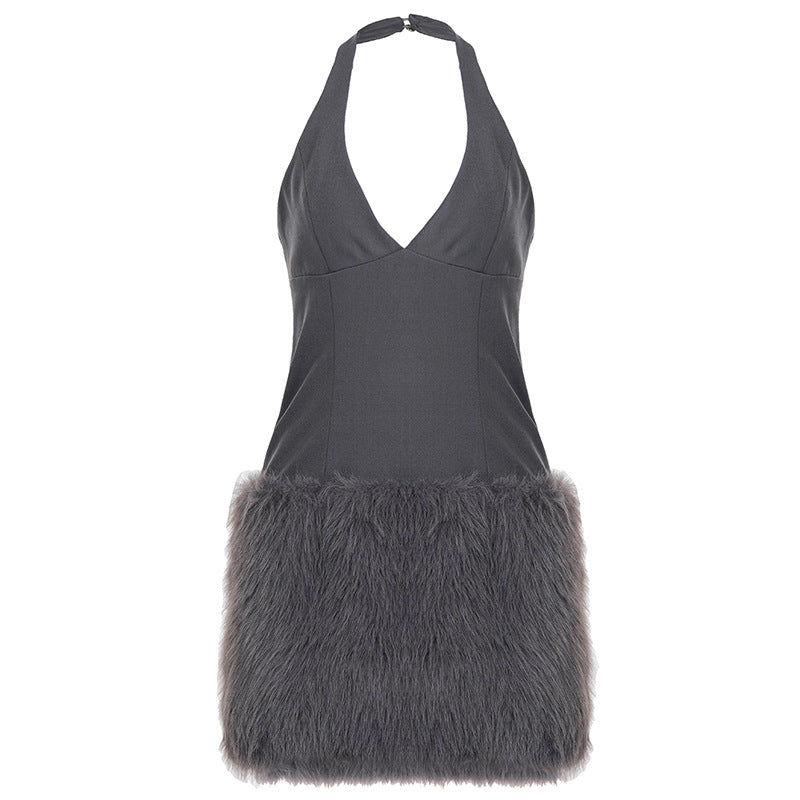Sexy Halter V neck Furry Dress Tight Sexy Waist Plush Hip Dress Bella Mia