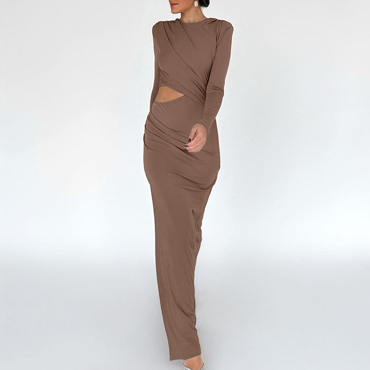 Spring Hip Slim Pleated Dress Solid Color round Neck Long Sleeve Split Hollow Out Cutout Dress Women Bella Mia