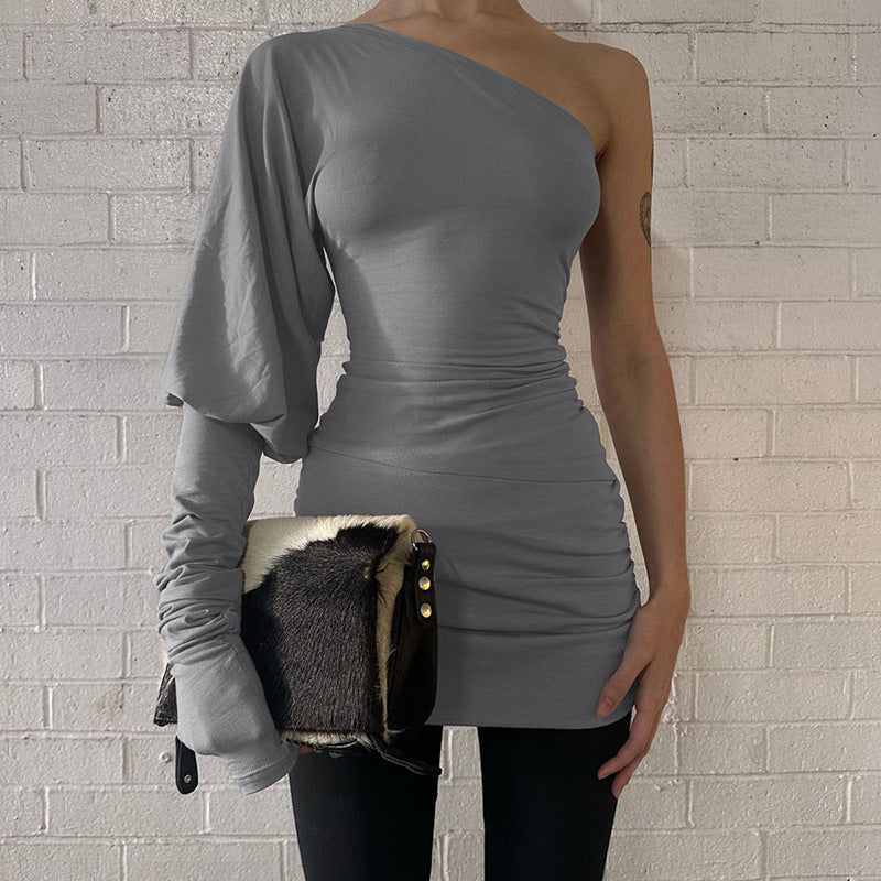 Women Clothing Winter Personality Slim Fit Diagonal Collar Shoulder Bag Hip Dress Bella Mia