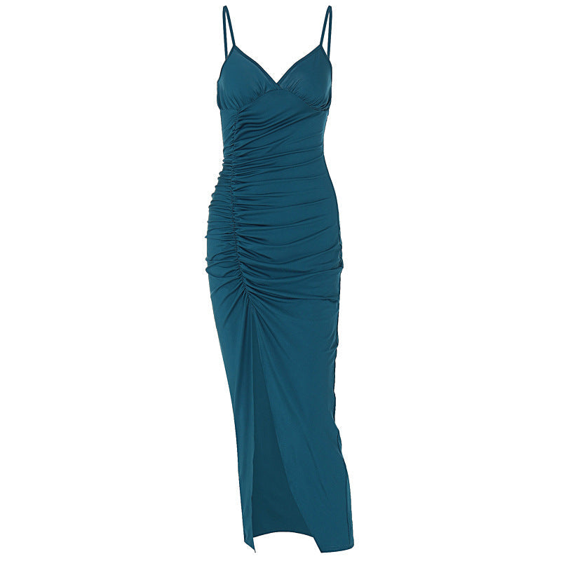 Women Clothing Summer Solid Color Sling Slim Fit Fold Split Dress Bella Mia