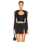 Black Long Sleeve Mesh Design Blouse Women Autumn Slim Fit Cardigan Buckle T shirt Bella Mia