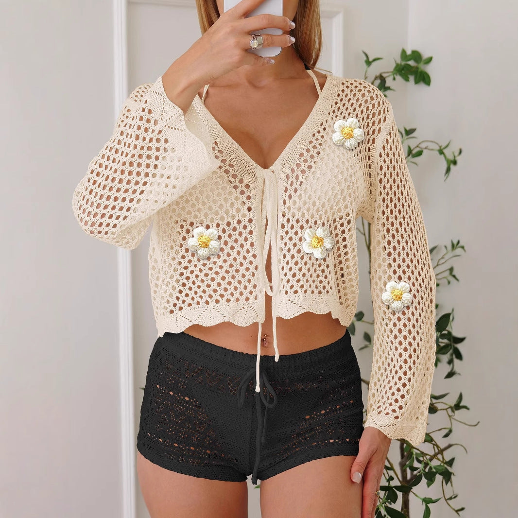 Women Lace up Cardigan Hollow Out Cutout out Woven Shirt Embroidered Floral Stitching Beach Sun Protection Long Sleeved Blouse Casual Coat Bella Mia