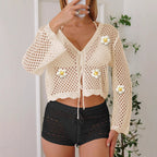 Women Lace up Cardigan Hollow Out Cutout out Woven Shirt Embroidered Floral Stitching Beach Sun Protection Long Sleeved Blouse Casual Coat Bella Mia