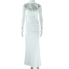 Women Clothing Solid Color Halter Dress Sexy Backless Ribbon Split Maxi Dress Bella Mia