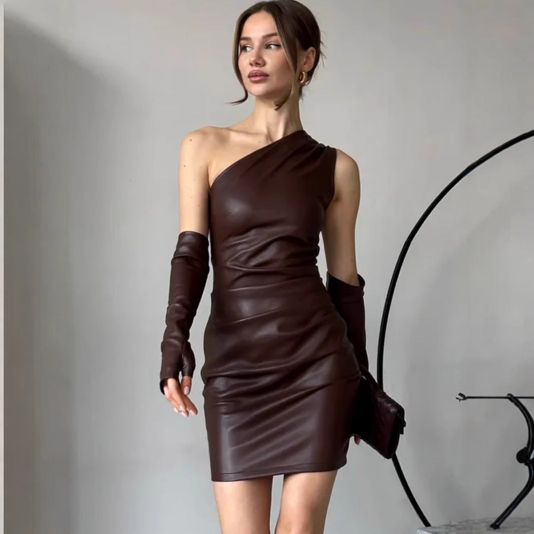 Faux Leather Dress Street Hipster Women Clothing Diagonal Collar Sleeveless Oversleeve Tight Waist Sheath Dress Bella Mia