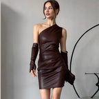 Faux Leather Dress Street Hipster Women Clothing Diagonal Collar Sleeveless Oversleeve Tight Waist Sheath Dress Bella Mia