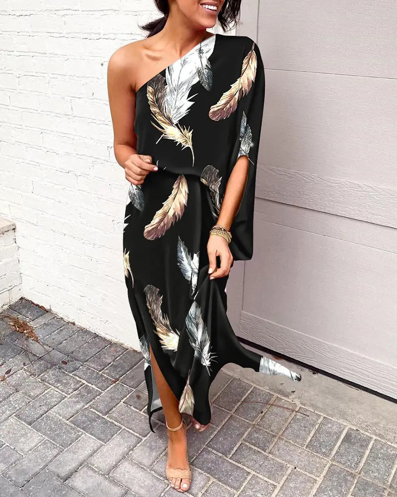 Women Clothing Dress Sexy Oblique Shoulder Elegant Single Side Sleeve Dress for Women Bella Mia