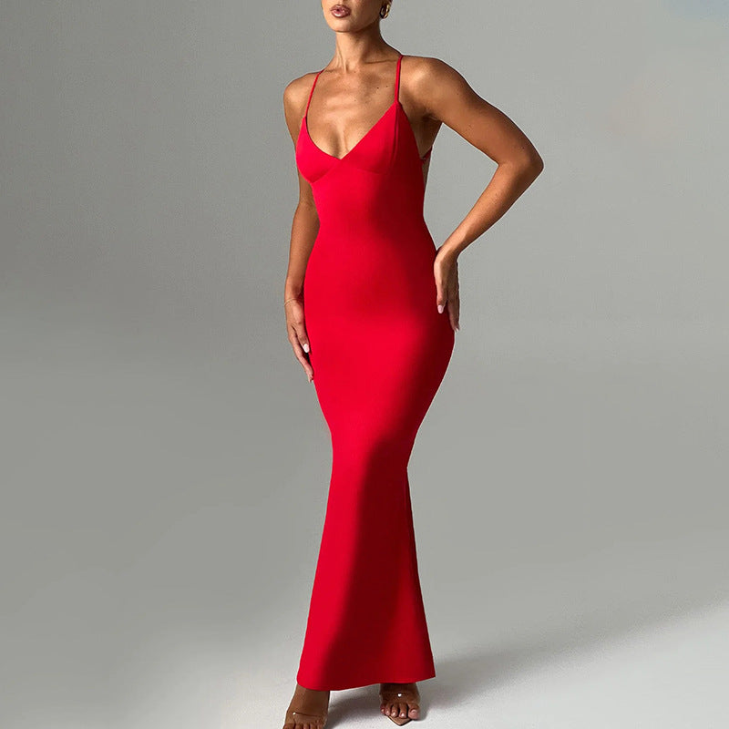 Spring Dress Sexy Trend V neck Backless Slim Fit Sheath Suspender Bella Mia