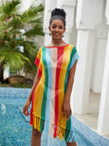 Knitted Striped Beach Blouse Sexy Hollow Out Cutout Tassel Holiday Sun Protection Shirt Beach Cover Up Bella Mia