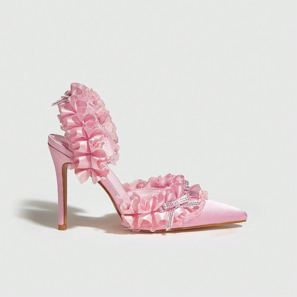 Rhinestone Bow High Heel Sandals Stiletto Heel Pointed Heels Women Black Pink Satin Surface 11cm Bella Mia