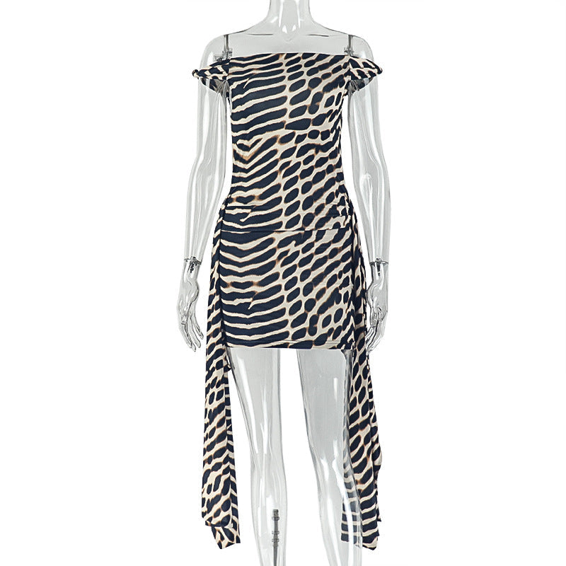 Special Women Clothing Street Leopard Print Printed Lace up Hip Dress Diagonal Collar Sleeveless Office Short Dress Bella Mia