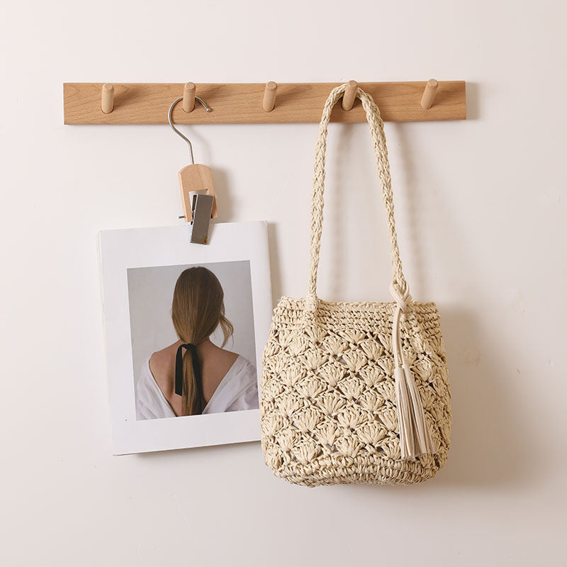 Tassel Shoulder Straw Bag Fan Hollow Out Cutout Pattern Woven Bag Women Vacation Beach Bag Women Bag Bella Mia
