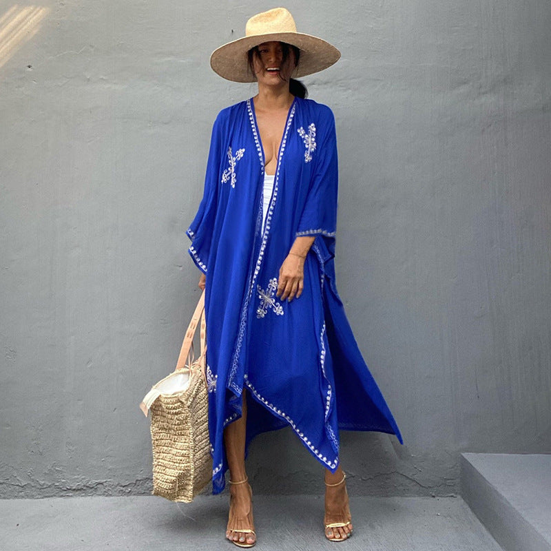 Rayon Embroidered Loose Long Cardigan Beach Sun Protection Coat Beach Cover Up Swimsuit Outwear Women Bella Mia