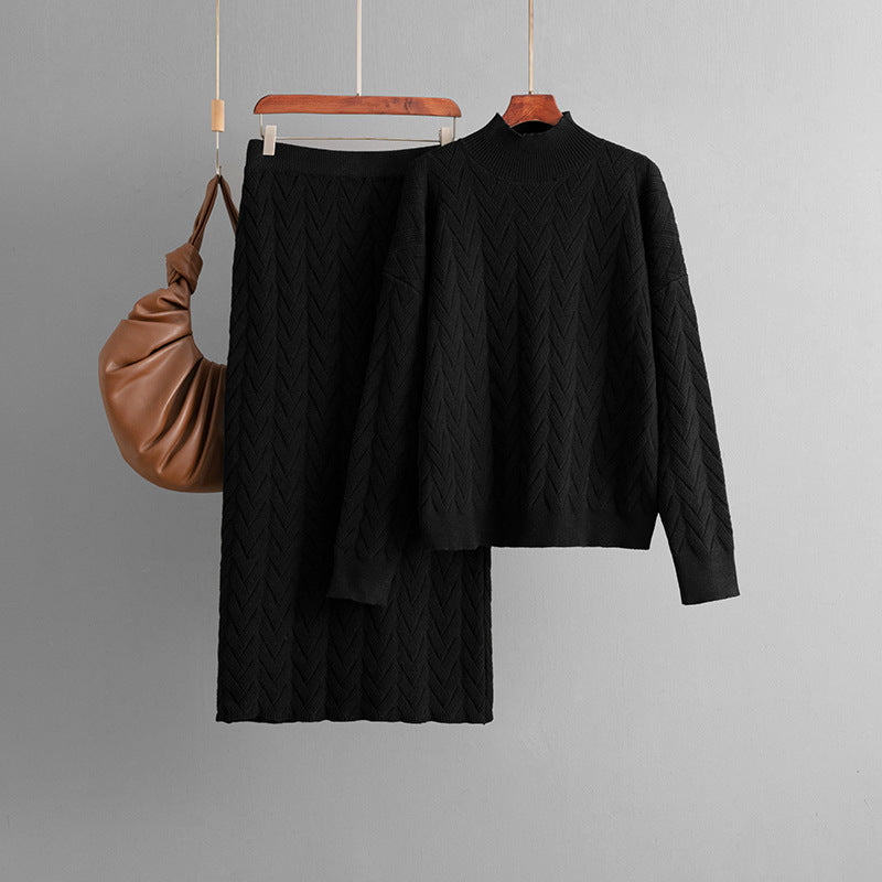 Autumn Winter Jacquard Half High Collar Long Sleeves Knitwear Pullover Top Skirt Two Piece Set Bella Mia