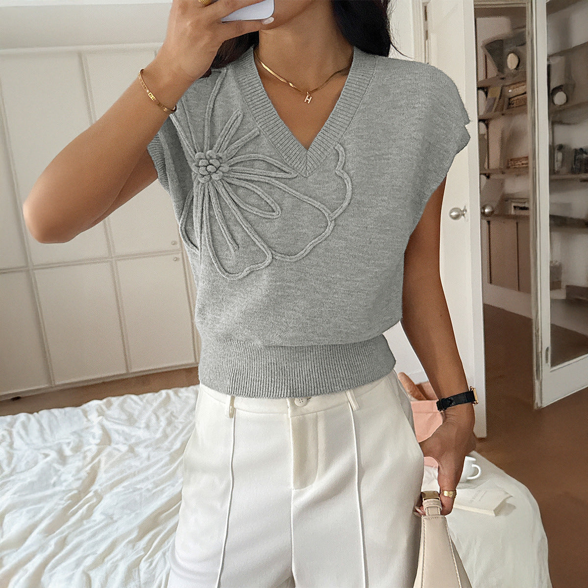 Women Clothing Autumn Winter Casual Vacation Deep V Plunge Neck Solid Color Sweater with Short Sleeves Bella Mia