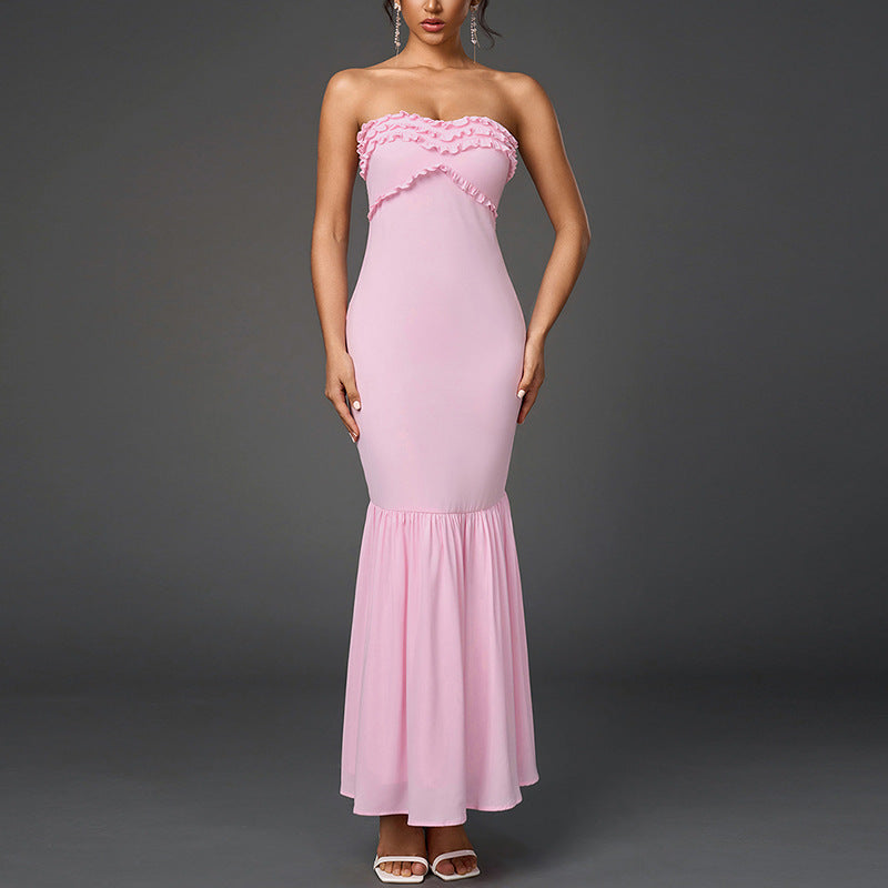Chiffon Tube Top Dress Sexy Backless Wooden Ear Smocking Stitching Hip Dress Bella Mia