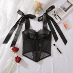 Street Sexy Lace Mesh Boning Corset Corset Pure Want to Wear outside Slim Fit Skinny Square Collar Long Sleeve Low Cut Top Bella Mia
