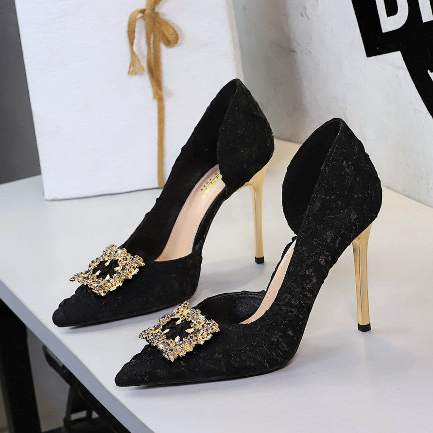 French Rhinestone Square Buckle Side Hollow Out Cutout Slip on Super High Heel Satin Gentle Elegant Stiletto Wedding Shoes