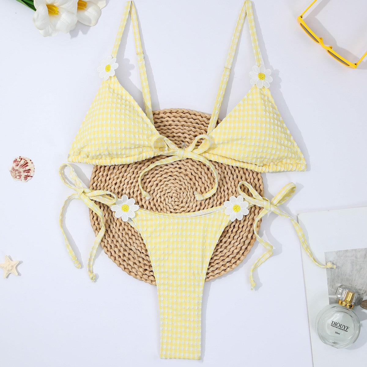 Fresh Yellow Plaid Daisy Split Bikini Swimsuit