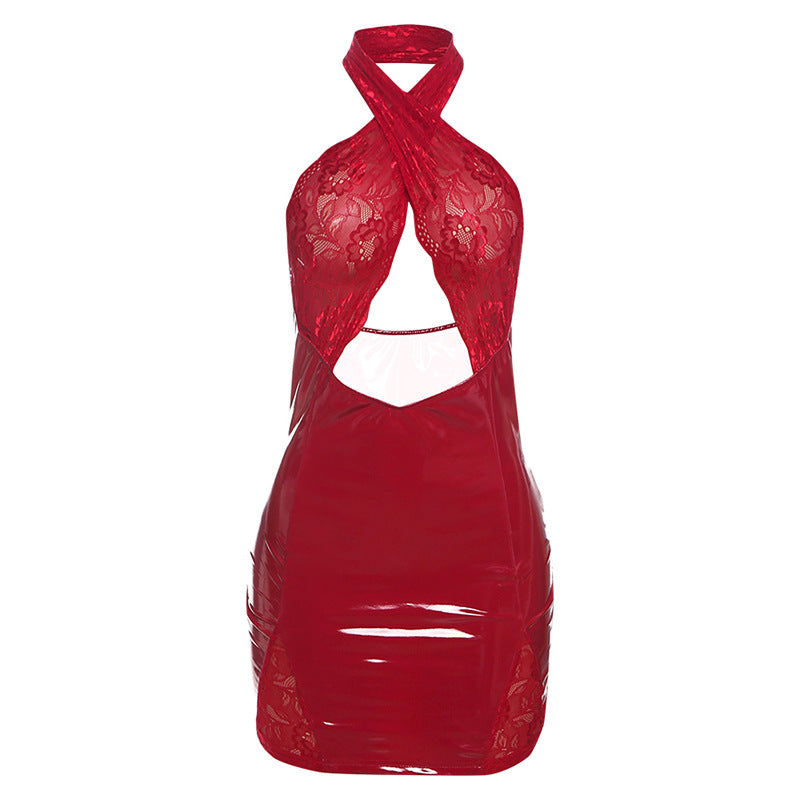 Autumn Winter Women Clothing Sexy Hollow Out Cutout out Halter Backless Lace Stitching Faux Leather Dress Bella Mia