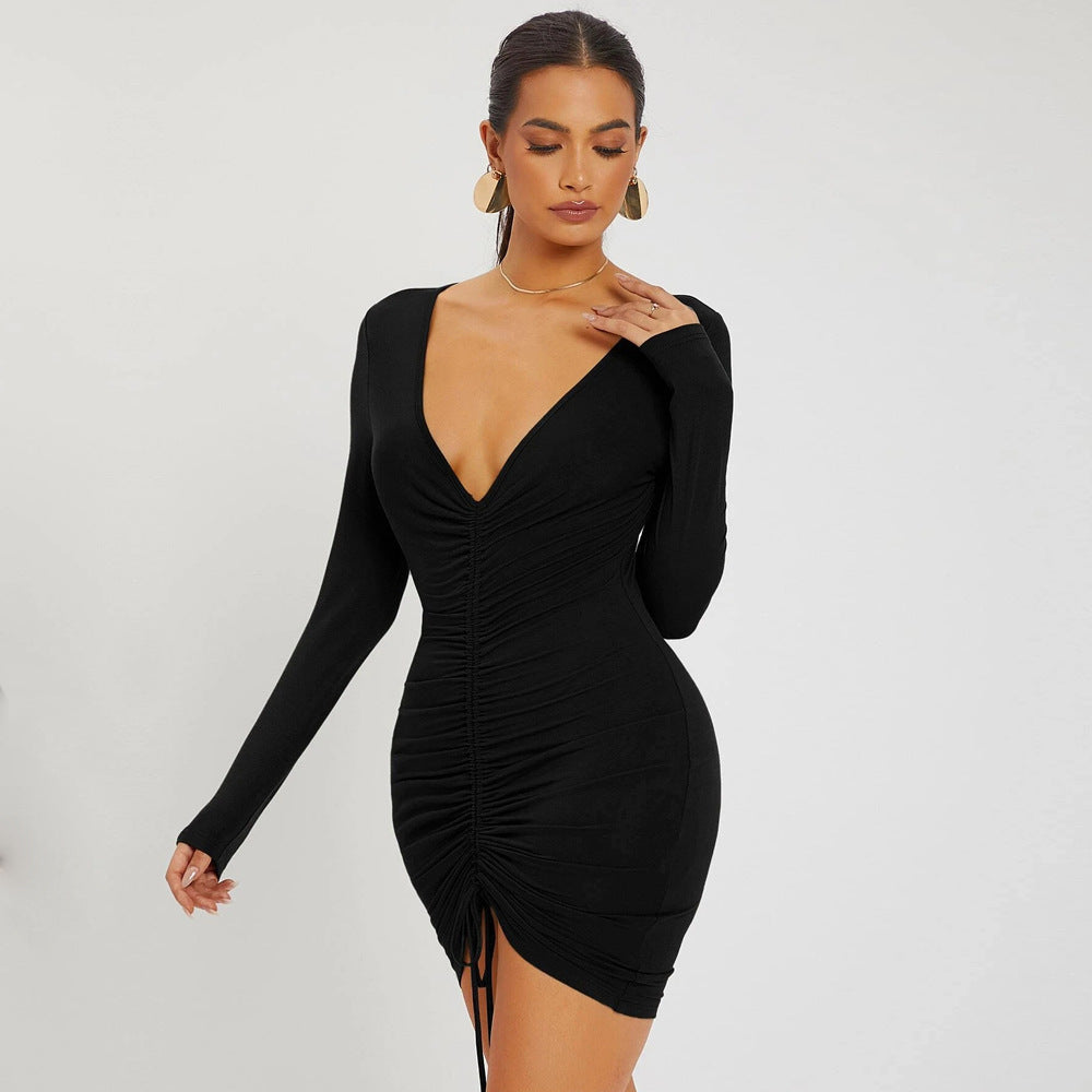 Women Clothing Autumn Winter Sexy V-neck Drawstring Tight Waist Sheath Knitted Long-Sleeved Dress Bella Mia