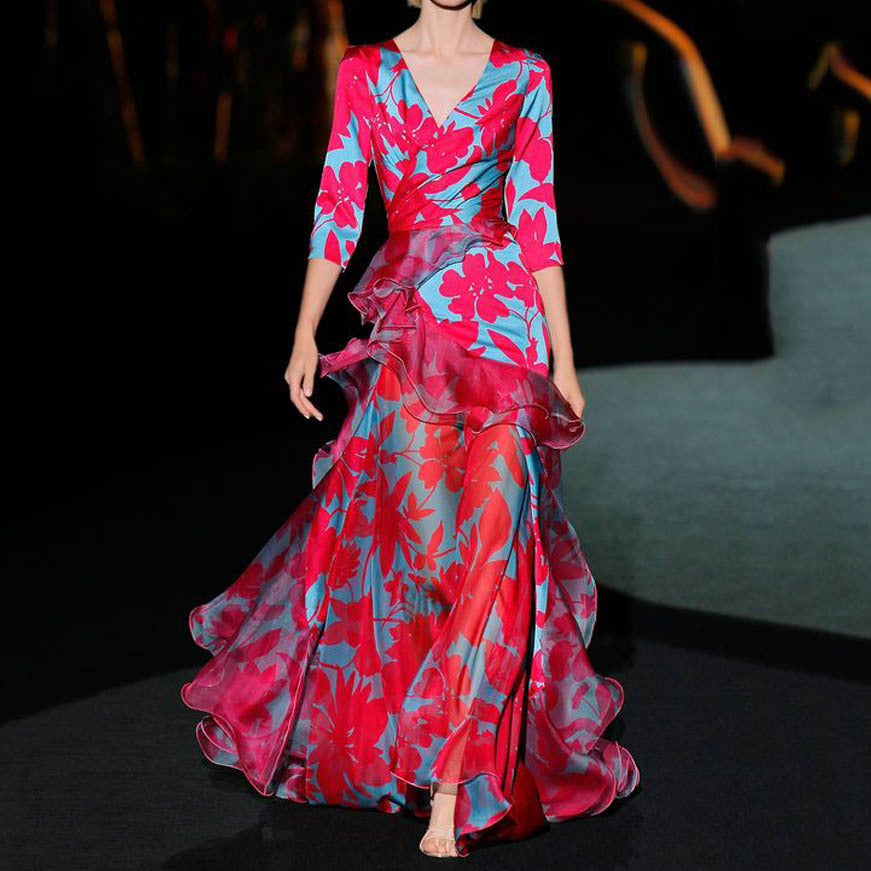 Dress Women Clothing Printed Maple Leaf Slim Multi Layer V neck Dress Bella Mia