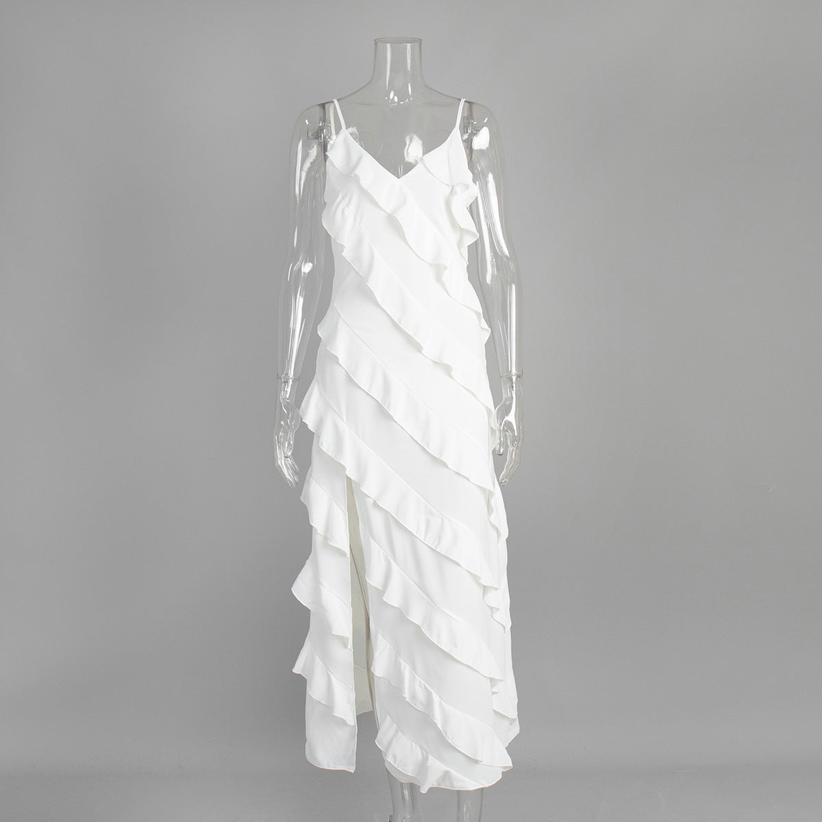 Patchwork Ruffled Sling Maxi Dress Summer Sexy Slit Slim Fitting Bella Mia